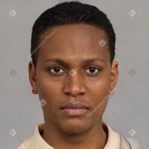Neutral latino young-adult female with short  black hair and brown eyes