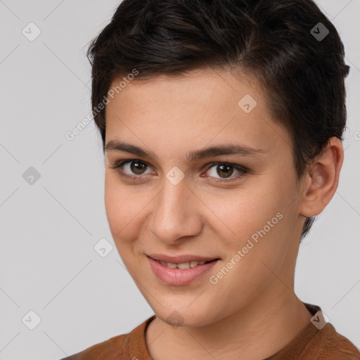 Joyful white young-adult female with short  brown hair and brown eyes