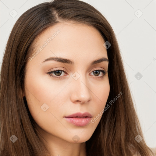 Neutral white young-adult female with long  brown hair and brown eyes