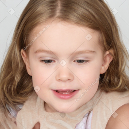 Joyful white child female with medium  brown hair and brown eyes