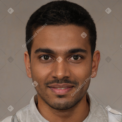 Joyful latino young-adult male with short  brown hair and brown eyes