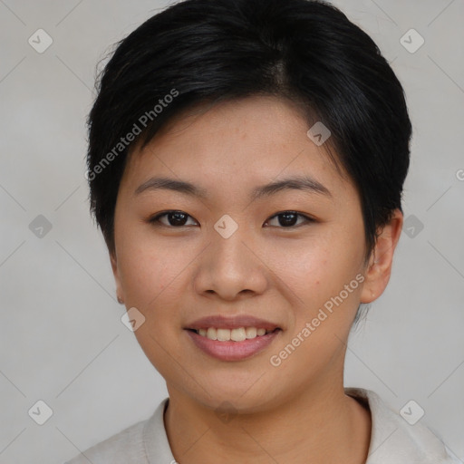 Joyful asian young-adult female with short  brown hair and brown eyes