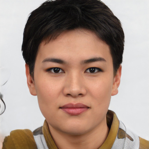 Neutral white young-adult female with short  brown hair and brown eyes