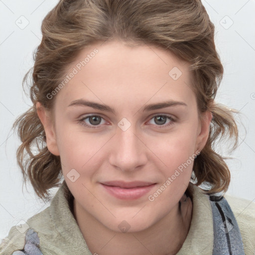 Joyful white young-adult female with medium  brown hair and blue eyes