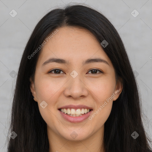 Joyful white young-adult female with long  brown hair and brown eyes