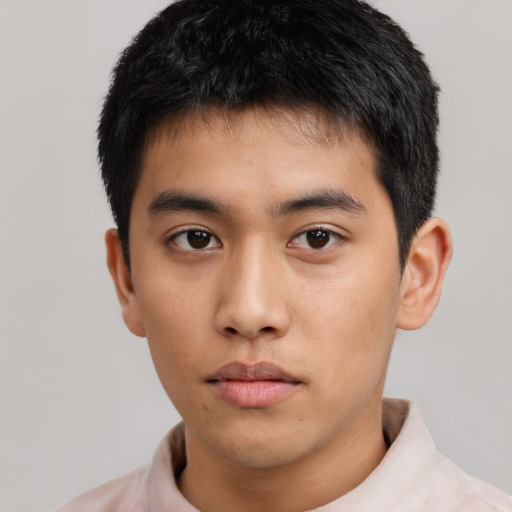 Neutral asian young-adult male with short  black hair and brown eyes