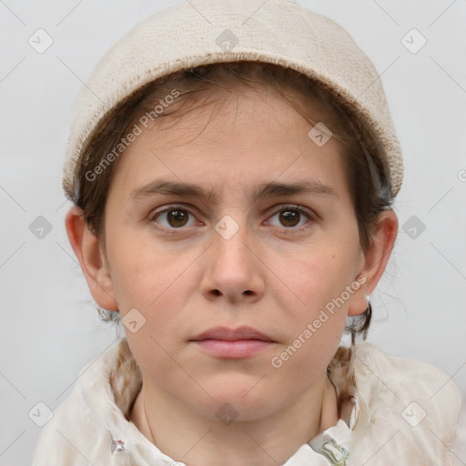 Neutral white young-adult female with short  brown hair and brown eyes