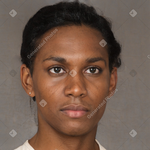 Neutral black young-adult male with short  black hair and brown eyes