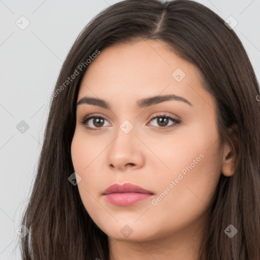 Neutral white young-adult female with long  brown hair and brown eyes