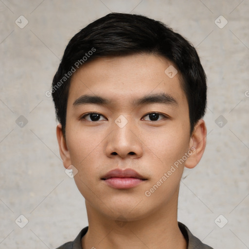 Neutral asian young-adult male with short  black hair and brown eyes