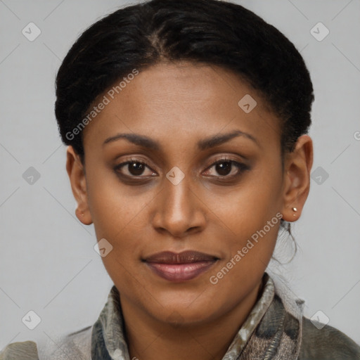 Joyful latino young-adult female with short  brown hair and brown eyes