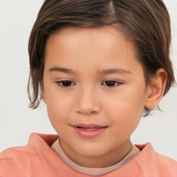 Joyful white child female with short  brown hair and brown eyes