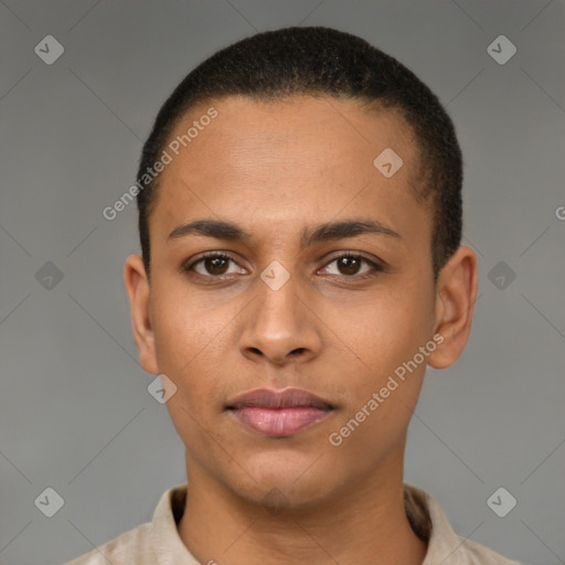 Neutral latino young-adult male with short  brown hair and brown eyes