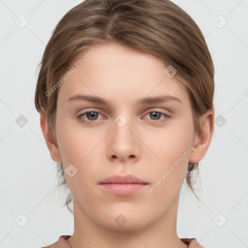 Neutral white young-adult female with short  brown hair and brown eyes