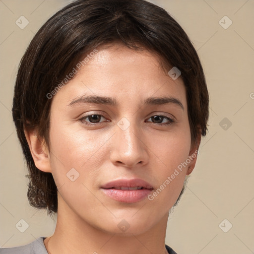 Neutral white young-adult female with medium  brown hair and brown eyes