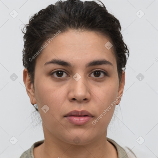 Neutral white young-adult female with short  brown hair and brown eyes