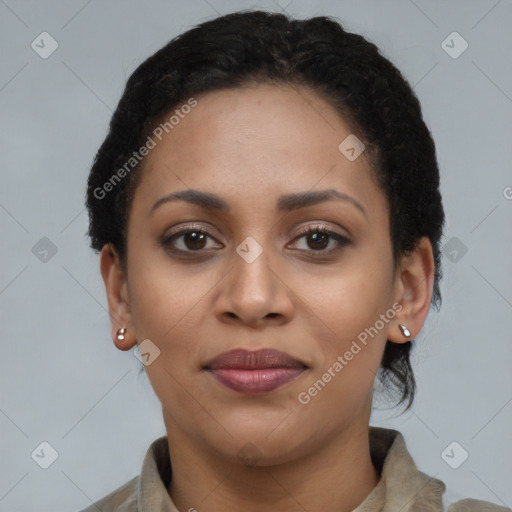 Joyful latino young-adult female with short  brown hair and brown eyes
