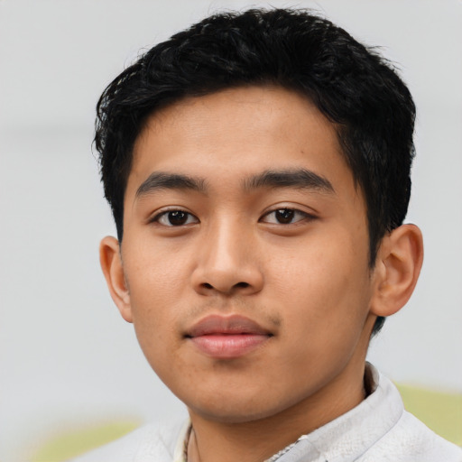 Neutral asian young-adult male with short  black hair and brown eyes