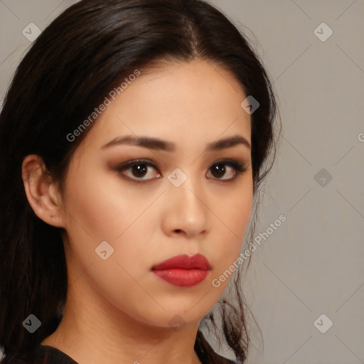 Neutral white young-adult female with medium  brown hair and brown eyes