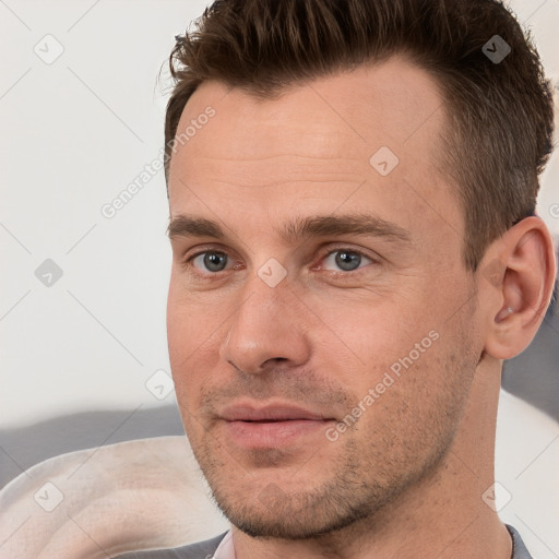 Neutral white young-adult male with short  brown hair and brown eyes