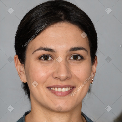 Joyful white young-adult female with medium  brown hair and brown eyes