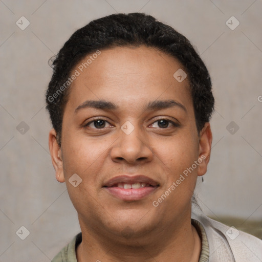 Joyful latino young-adult female with short  brown hair and brown eyes