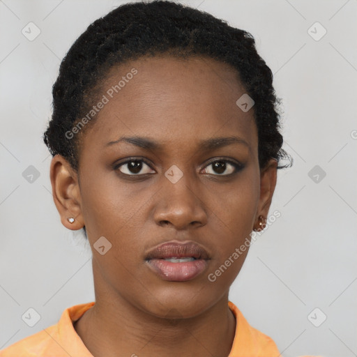 Neutral black young-adult female with short  brown hair and brown eyes