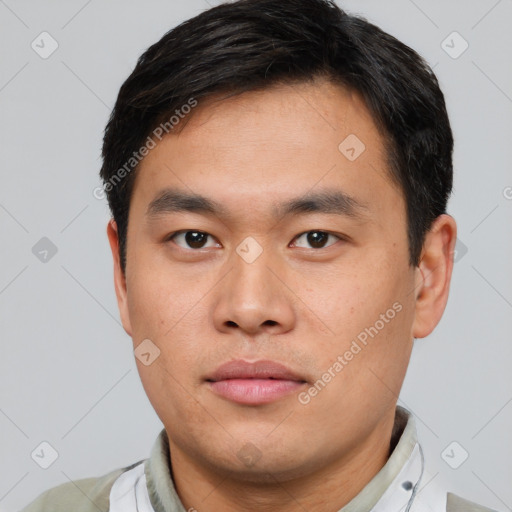 Neutral asian young-adult male with short  black hair and brown eyes