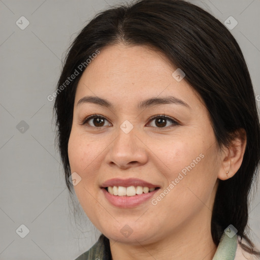 Joyful white young-adult female with medium  brown hair and brown eyes