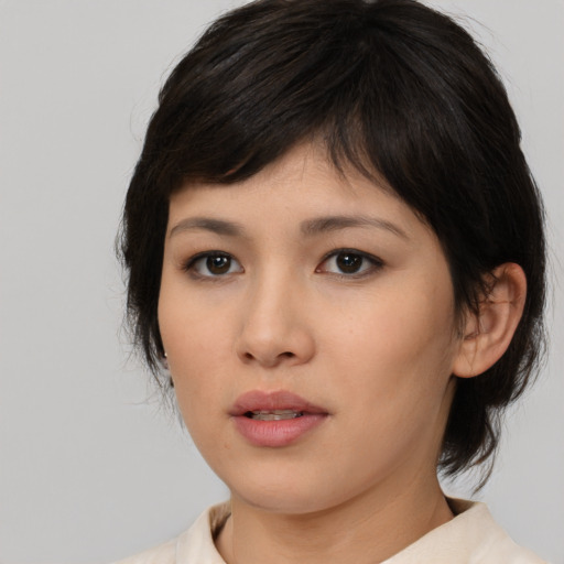 Neutral asian young-adult female with medium  brown hair and brown eyes