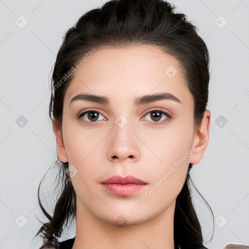 Neutral white young-adult female with long  black hair and brown eyes