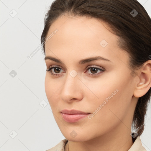 Neutral white young-adult female with medium  brown hair and brown eyes