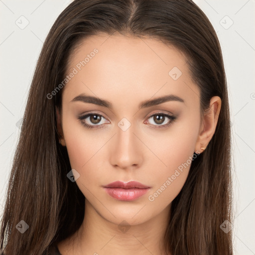 Neutral white young-adult female with long  brown hair and brown eyes