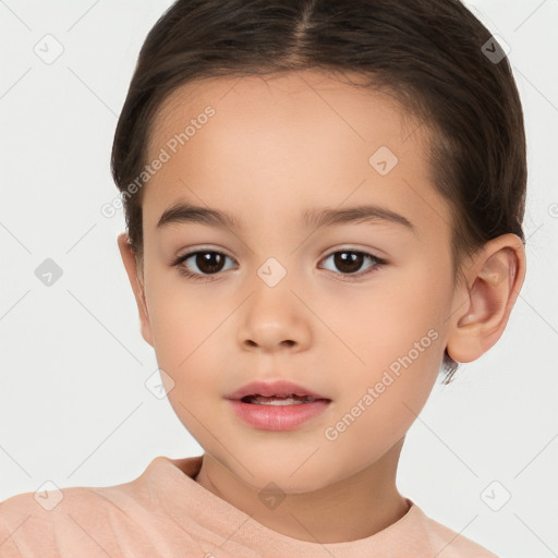 Joyful white child female with short  brown hair and brown eyes