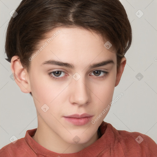 Neutral white young-adult female with short  brown hair and brown eyes