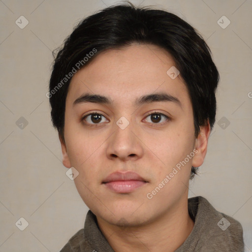 Neutral asian young-adult male with short  black hair and brown eyes