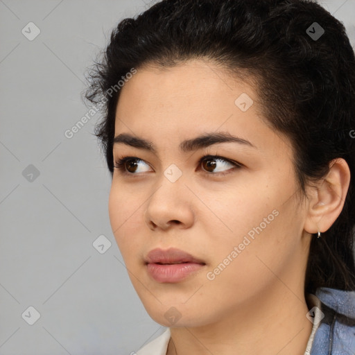 Neutral white young-adult female with medium  black hair and brown eyes