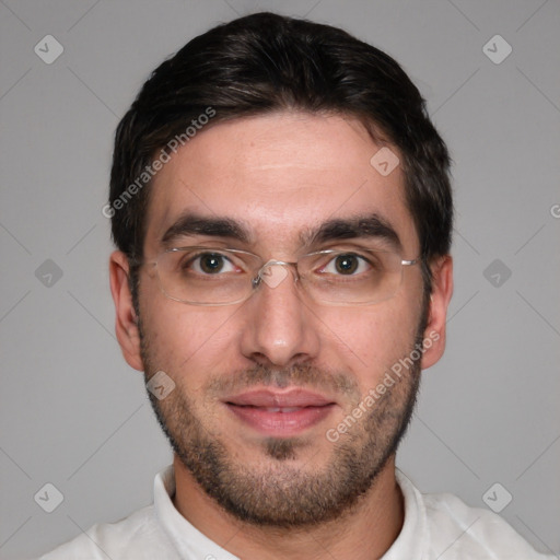 Joyful white young-adult male with short  black hair and brown eyes