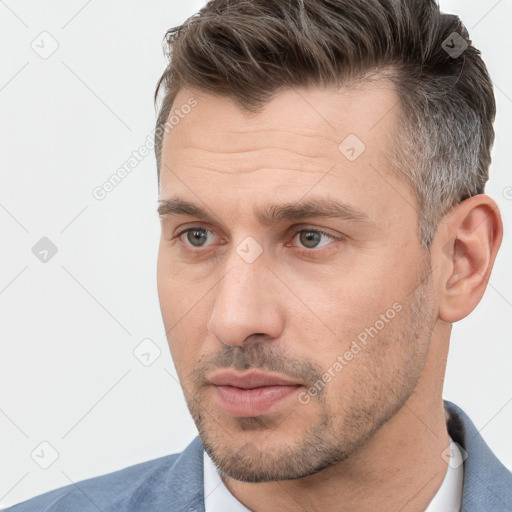 Neutral white adult male with short  brown hair and brown eyes