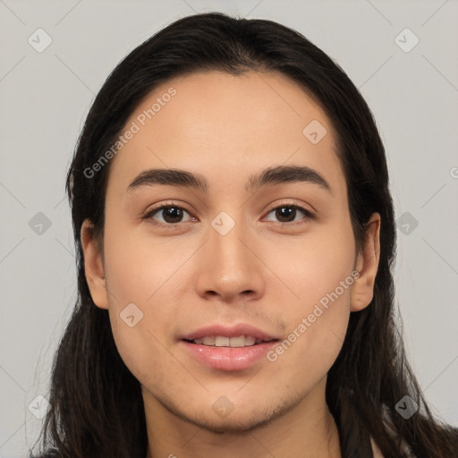 Joyful white young-adult female with long  black hair and brown eyes