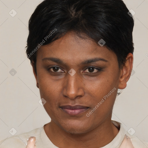 Neutral asian young-adult female with short  brown hair and brown eyes