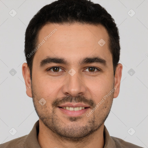Joyful white young-adult male with short  brown hair and brown eyes