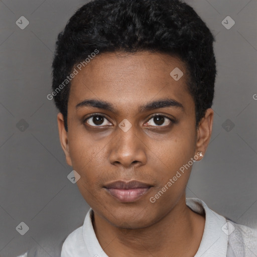 Neutral black young-adult male with short  black hair and brown eyes