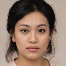 Neutral asian young-adult female with medium  black hair and brown eyes