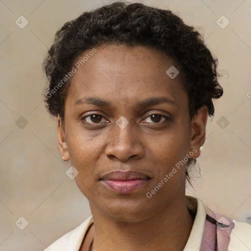 Neutral black young-adult female with short  brown hair and brown eyes