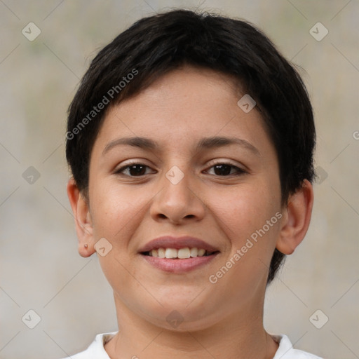 Joyful white young-adult female with short  brown hair and brown eyes