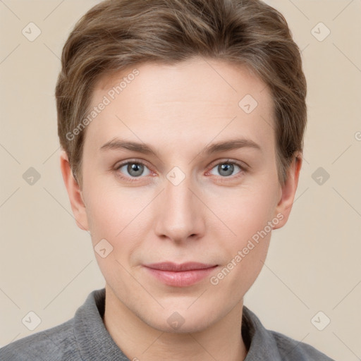 Joyful white young-adult female with short  brown hair and grey eyes