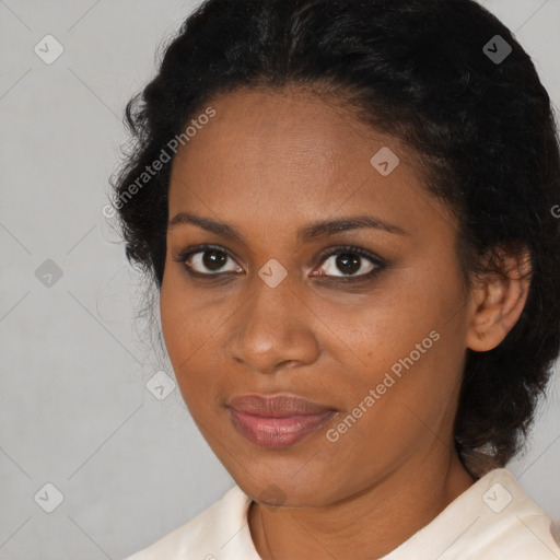 Joyful black young-adult female with medium  brown hair and brown eyes