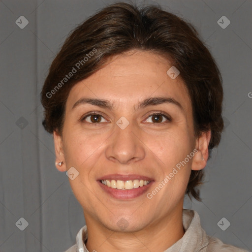 Joyful white adult female with short  brown hair and brown eyes