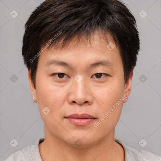 Joyful asian young-adult male with short  brown hair and brown eyes